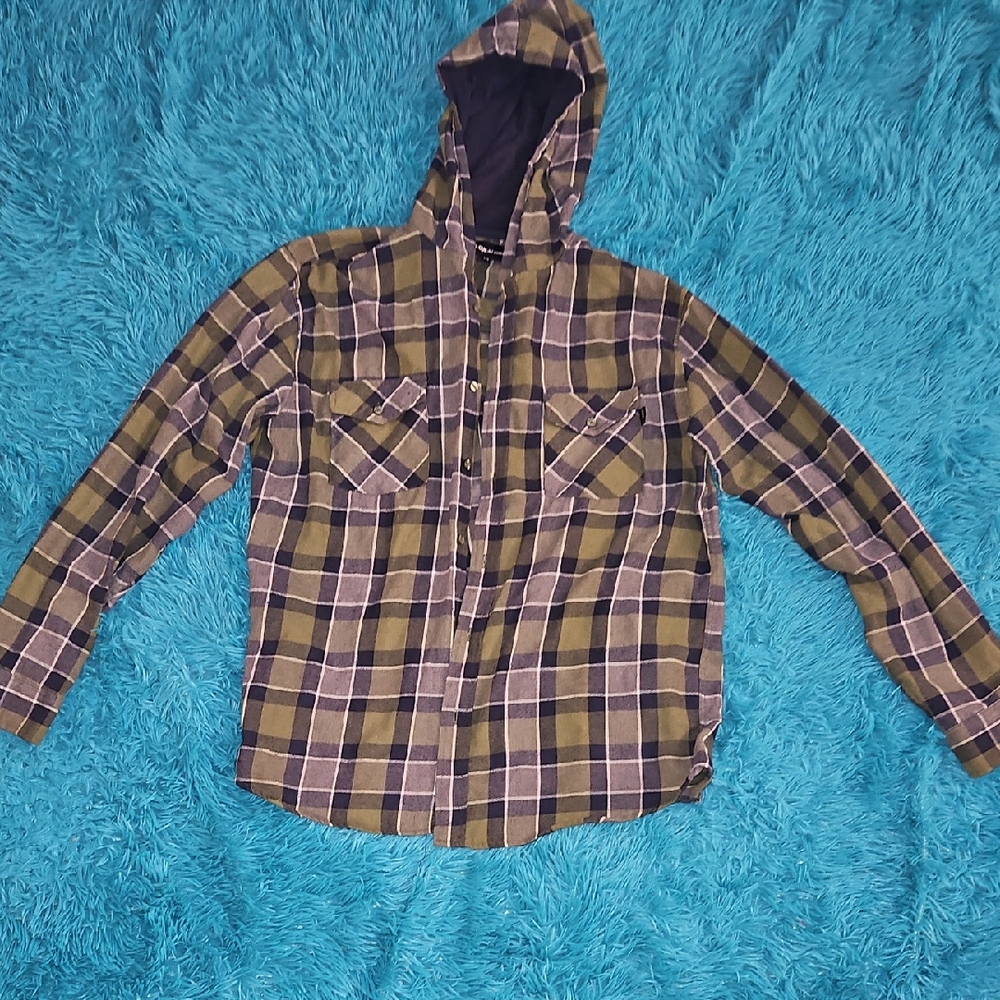 Men's Olive Plaid Hooded Flannel Shirt